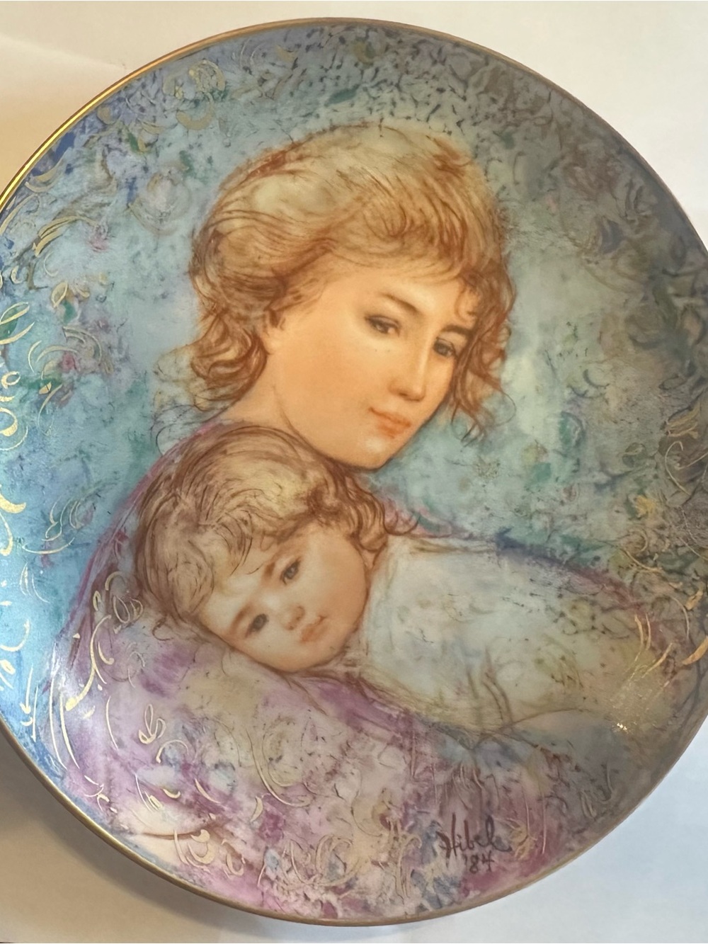 Knowles Hand-Painted Mother and Child Plate in Blue, Purple and Gold Accents